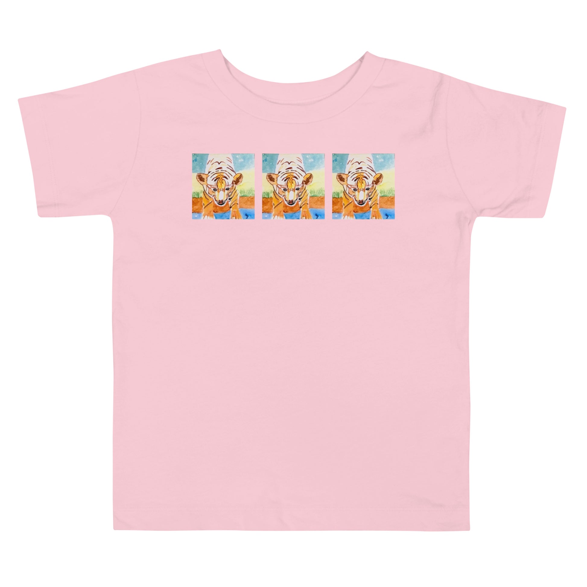 Pink t-shirt with a colorful tiger design on a white background