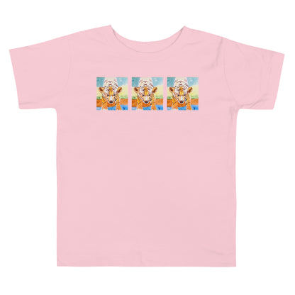 Pink t-shirt with a colorful tiger design on a white background