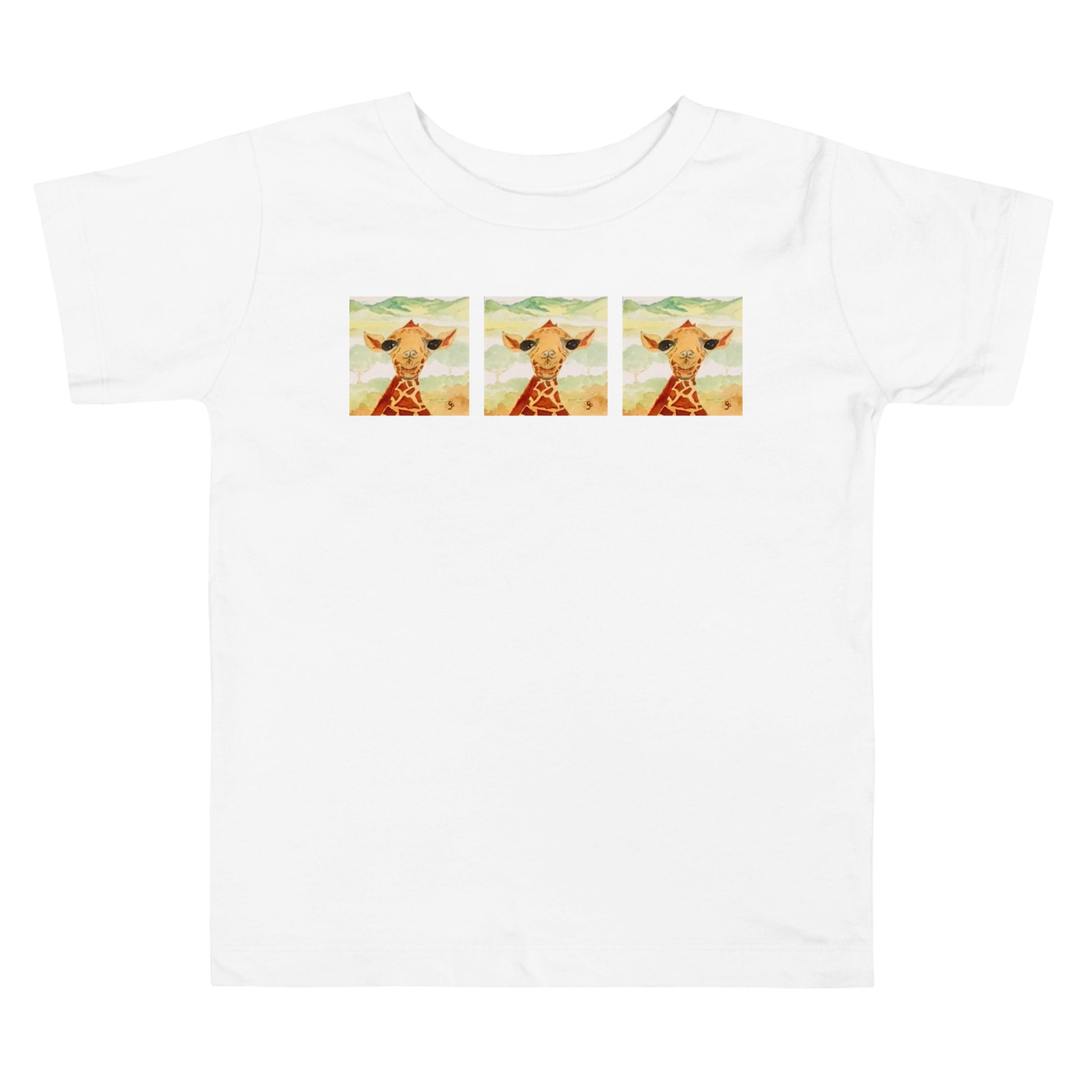 White t-shirt with three cartoon giraffes on a white background