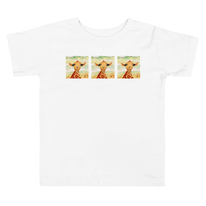 White t-shirt with three cartoon giraffes on a white background