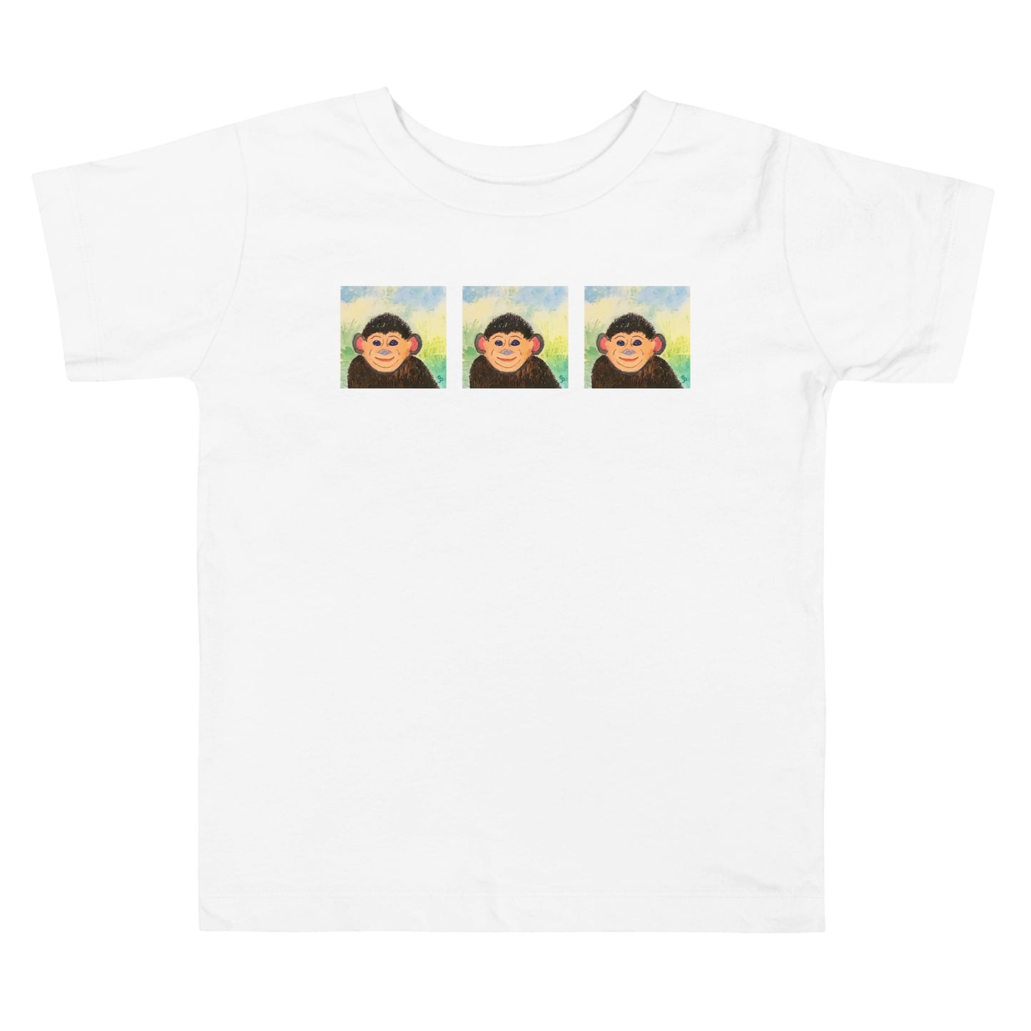 White t-shirt with three monkey illustrations on a white background