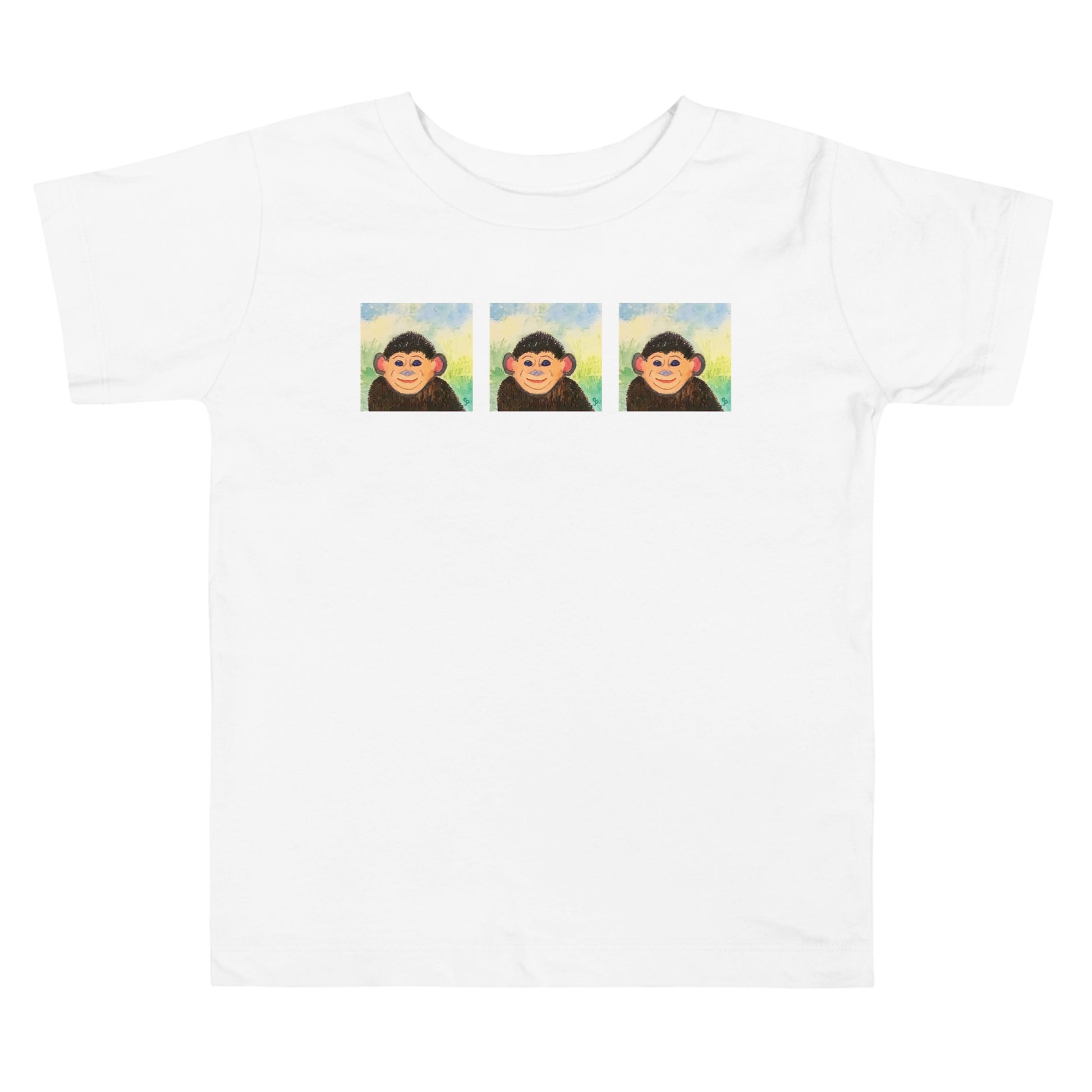 White t-shirt with three monkey illustrations on a white background
