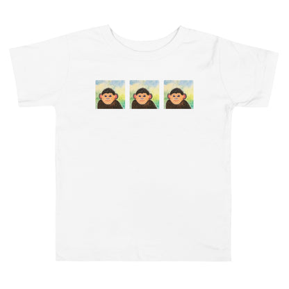 White t-shirt with three monkey illustrations on a white background