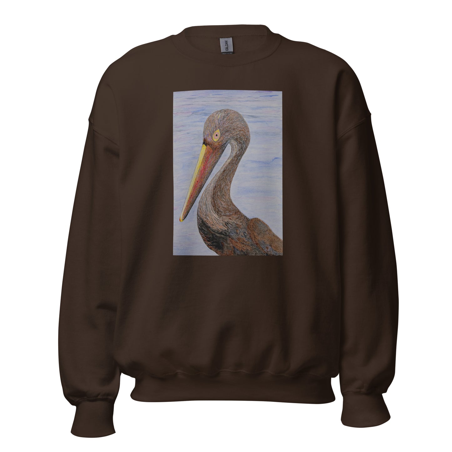 Brown sweatshirt with a pelican design on a white background