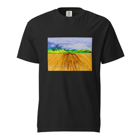 Black t-shirt with a colorful landscape print on a white background