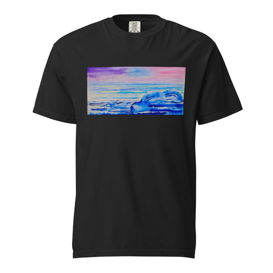 Black t-shirt with a colorful wave graphic on a white background