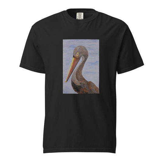 Black t-shirt with a pelican design on a white background