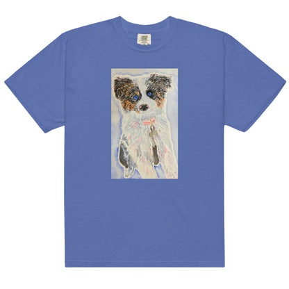 Blue t-shirt with a dog illustration on a white background