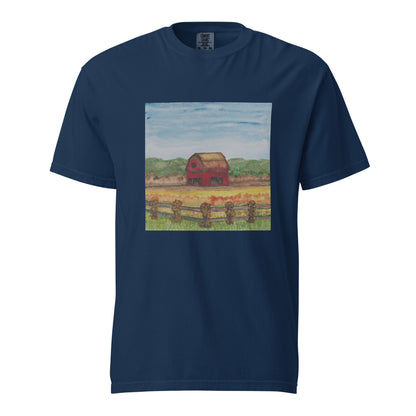 Navy blue t-shirt with a red barn graphic on a white background