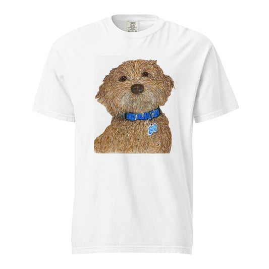 White t-shirt with a dog graphic and blue collar on a white background