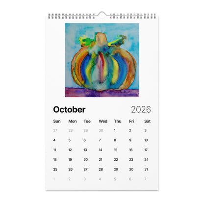 Watercolor art wall calendar featuring original paintings, showcasing vibrant seasonal artwork for each month, printed on high-quality paper for home or office décor.
