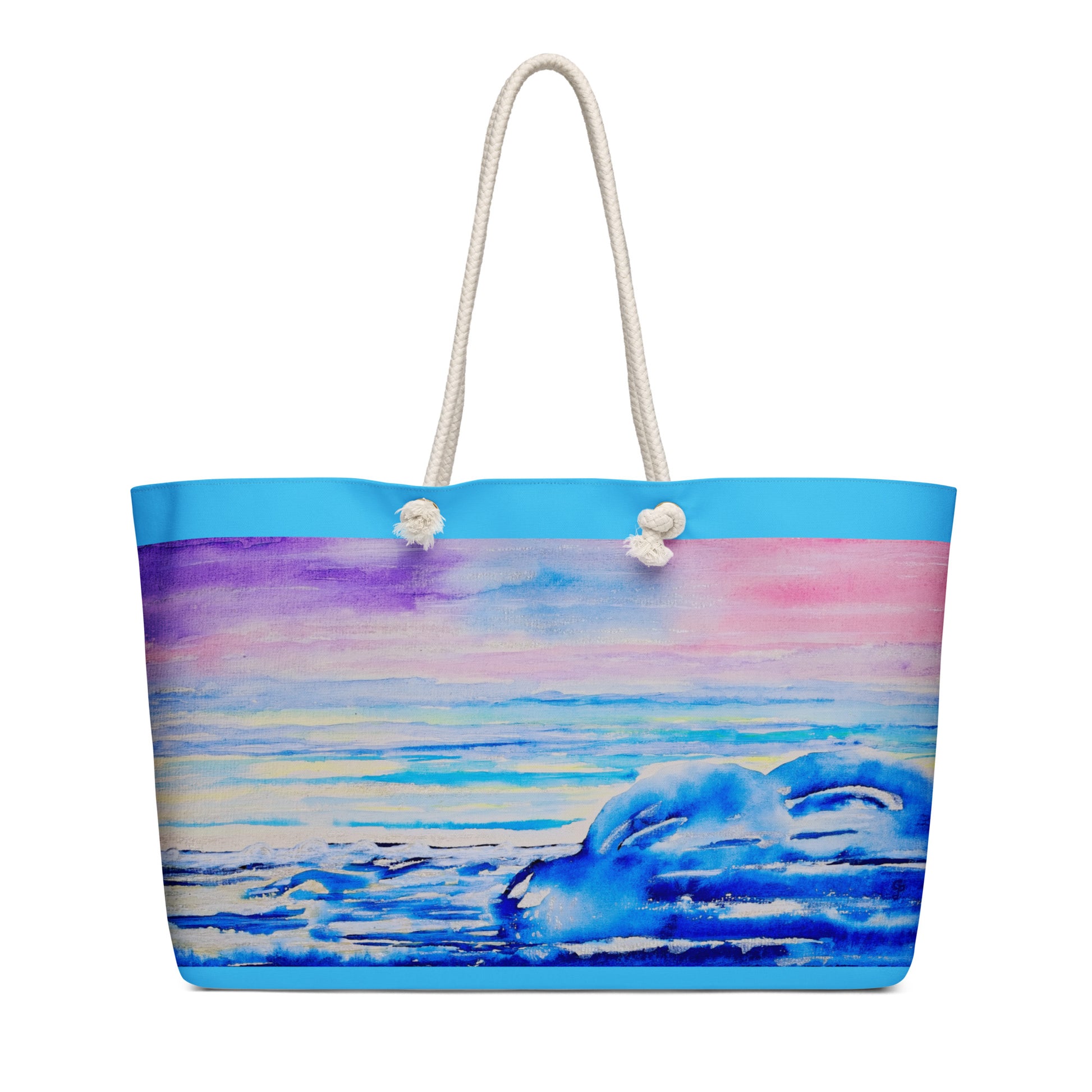 Tote bag with a colorful beach scene design on a white background