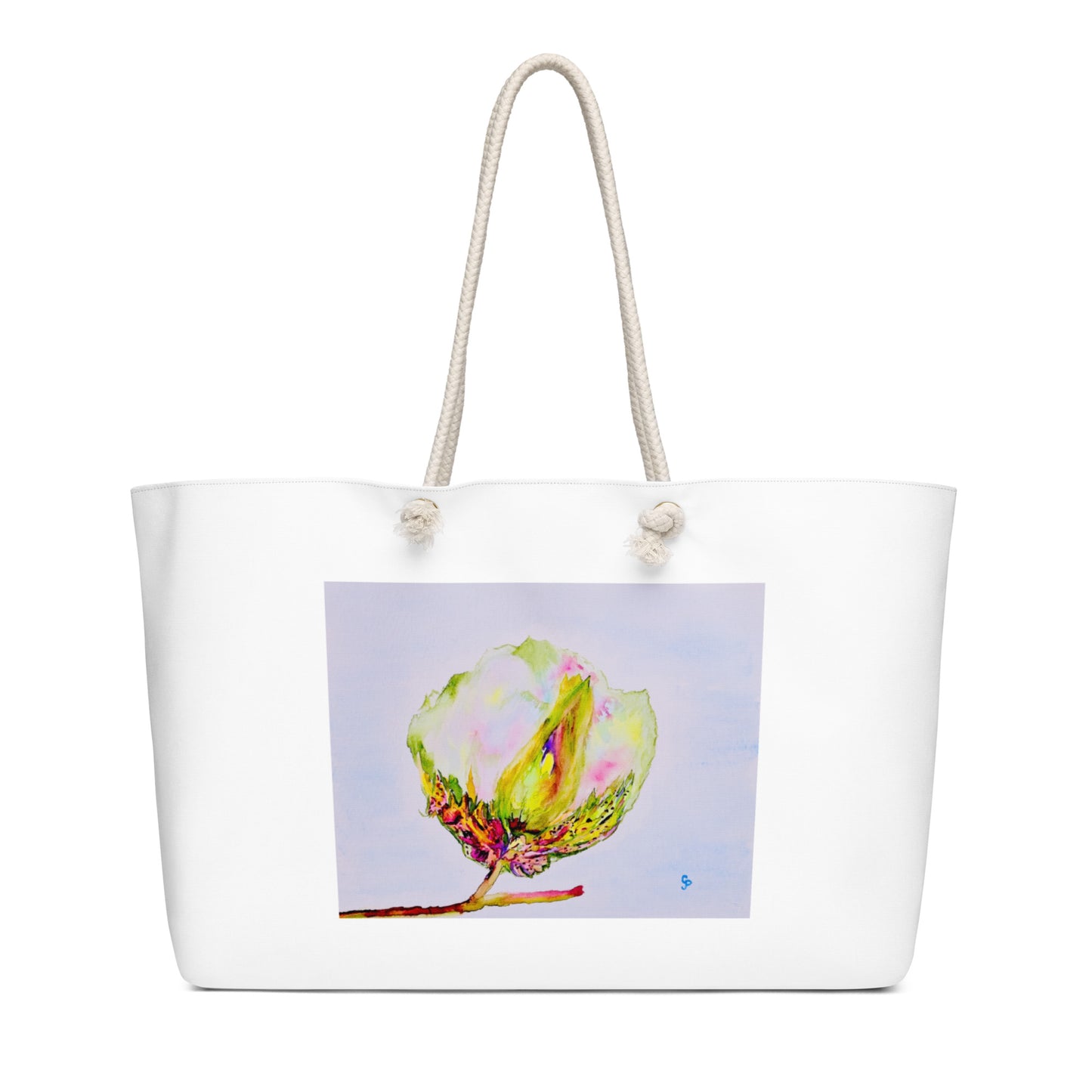 Oversized weekender bag with original watercolor artwork, featuring a spacious interior, sturdy straps, and lightweight design—perfect for travel, overnight stays, or stylish carry-on use.