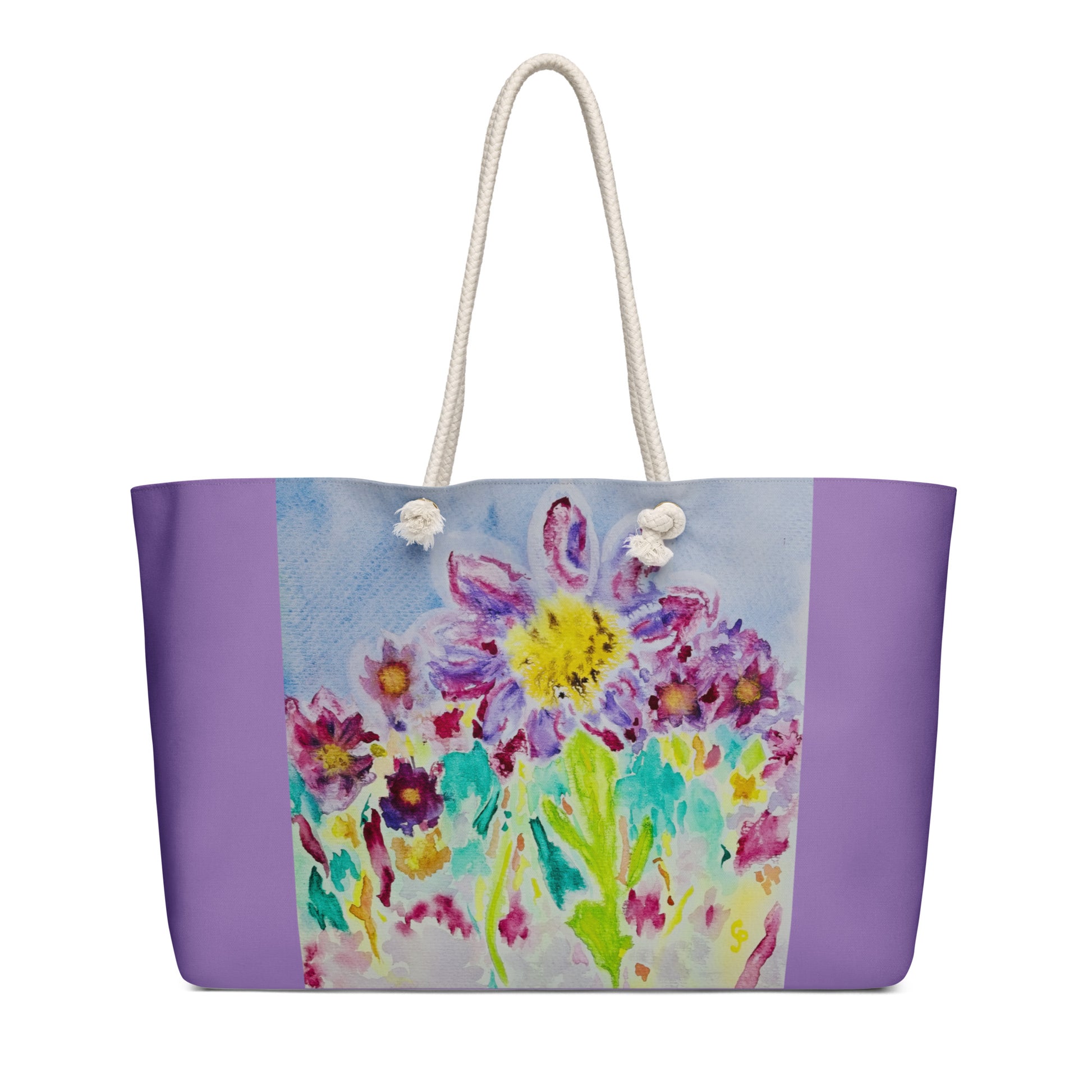 Oversized weekender bag with original watercolor artwork, featuring a spacious interior, sturdy straps, and lightweight design—perfect for travel, overnight stays, or stylish carry-on use.