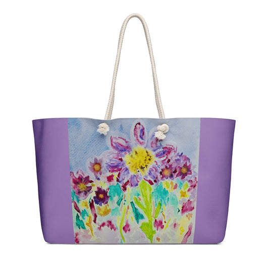 Oversized weekender bag with original watercolor artwork, featuring a spacious interior, sturdy straps, and lightweight design—perfect for travel, overnight stays, or stylish carry-on use.