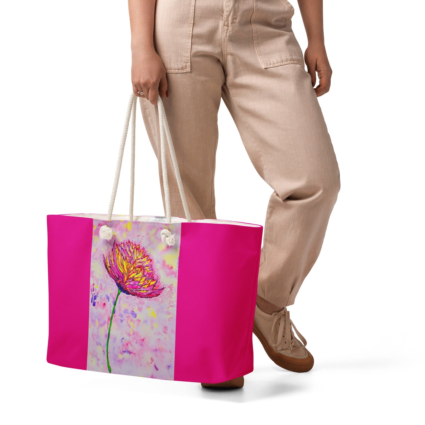 Oversized weekender bag with original watercolor artwork, featuring a spacious interior, sturdy straps, and lightweight design—perfect for travel, overnight stays, or stylish carry-on use.