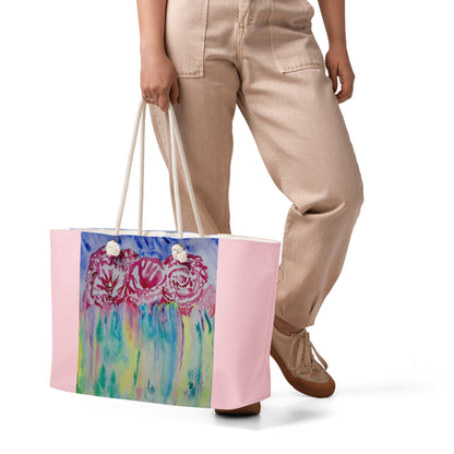 Oversized weekender bag with original watercolor artwork, featuring a spacious interior, sturdy straps, and lightweight design—perfect for travel, overnight stays, or stylish carry-on use.