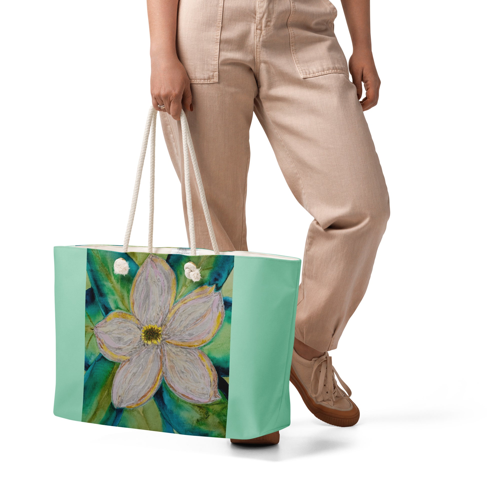 Oversized weekender bag with original watercolor artwork, featuring a spacious interior, sturdy straps, and lightweight design—perfect for travel, overnight stays, or stylish carry-on use.