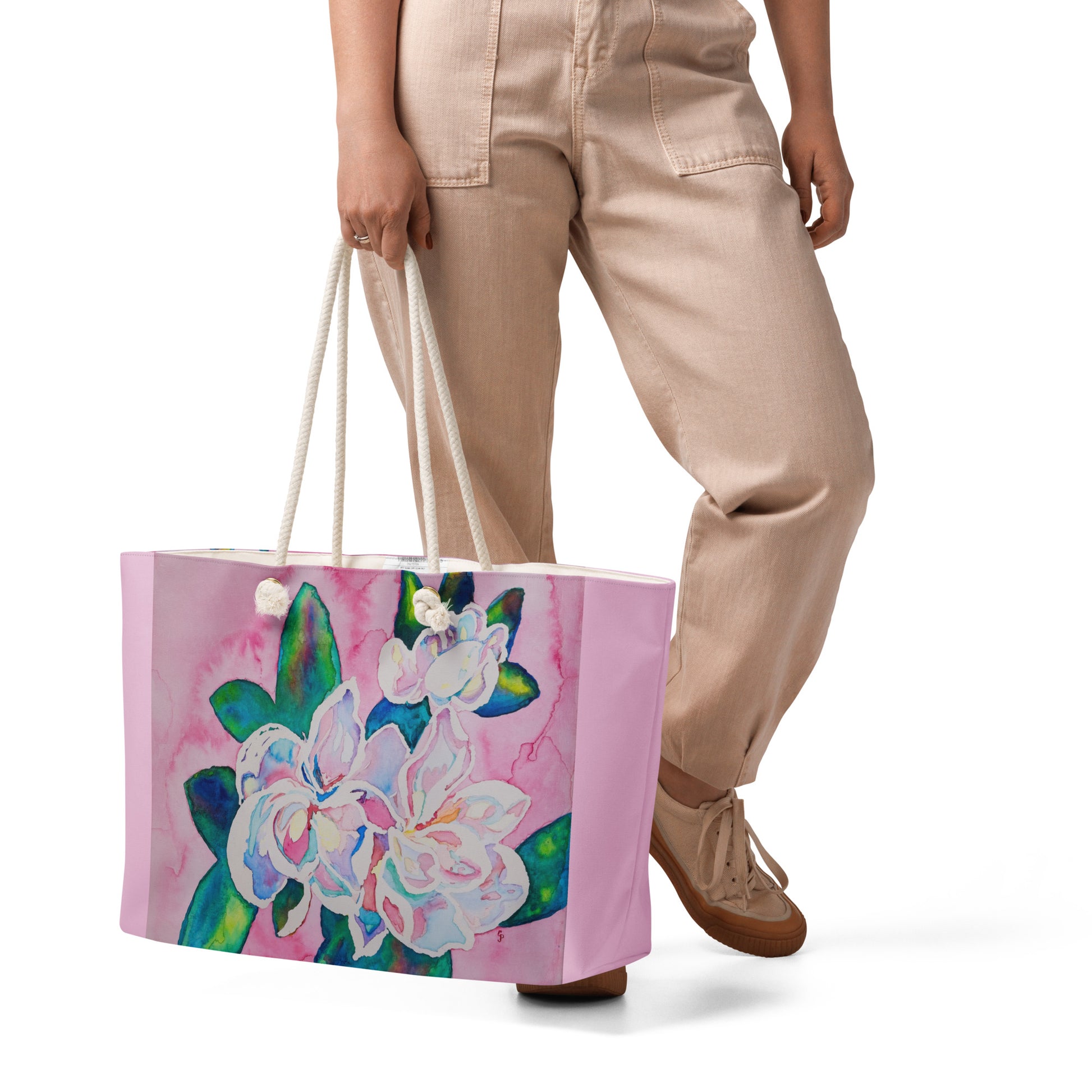 Oversized weekender bag with original watercolor artwork, featuring a spacious interior, sturdy straps, and lightweight design—perfect for travel, overnight stays, or stylish carry-on use.