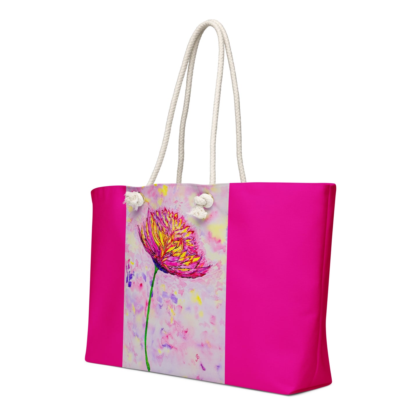 Oversized weekender bag with original watercolor artwork, featuring a spacious interior, sturdy straps, and lightweight design—perfect for travel, overnight stays, or stylish carry-on use.