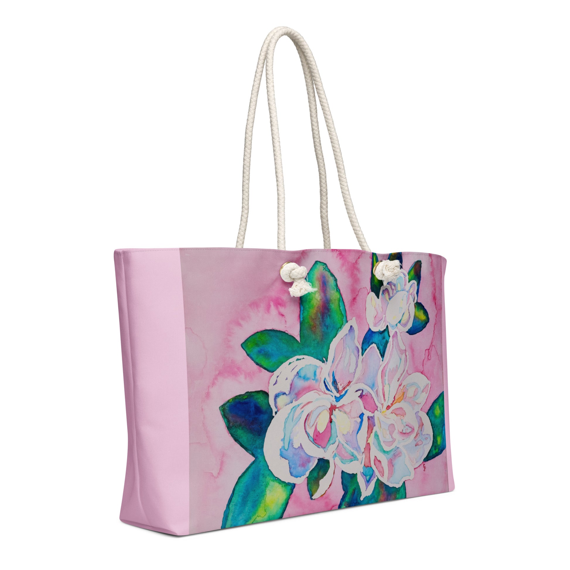 Oversized weekender bag with original watercolor artwork, featuring a spacious interior, sturdy straps, and lightweight design—perfect for travel, overnight stays, or stylish carry-on use.