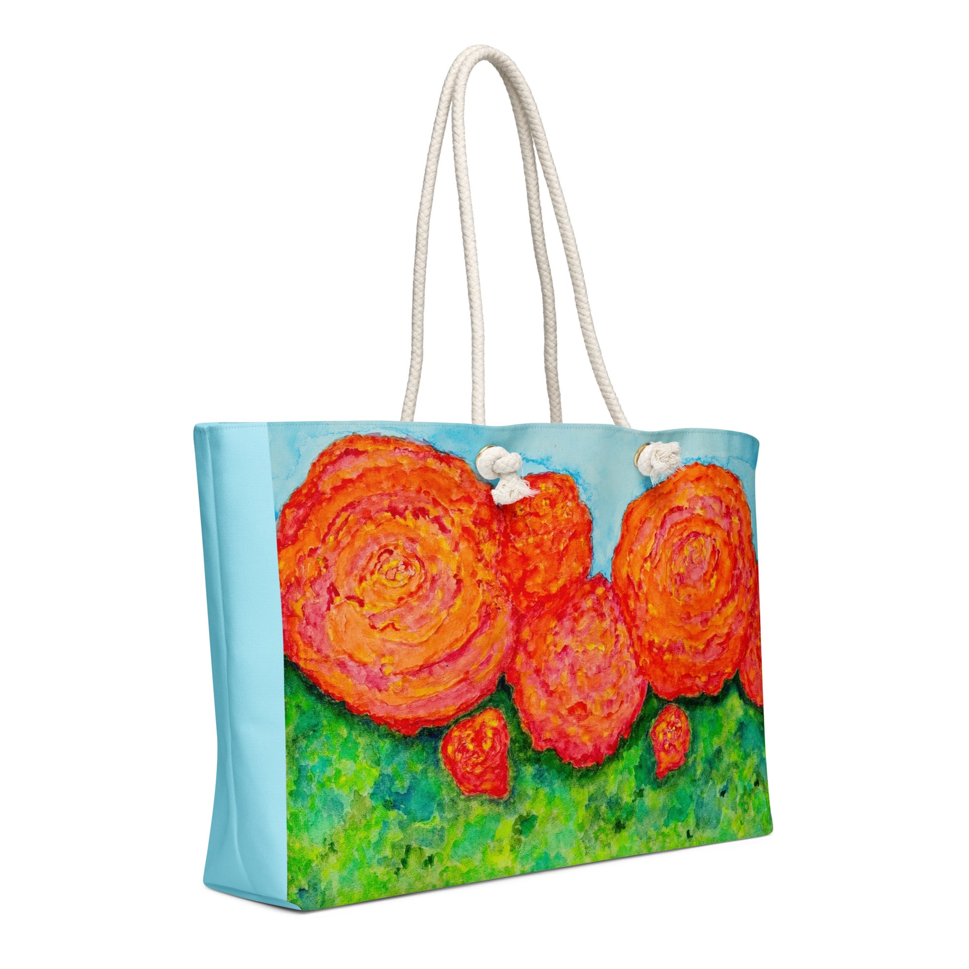 Oversized weekender bag with original watercolor artwork, featuring a spacious interior, sturdy straps, and lightweight design—perfect for travel, overnight stays, or stylish carry-on use.