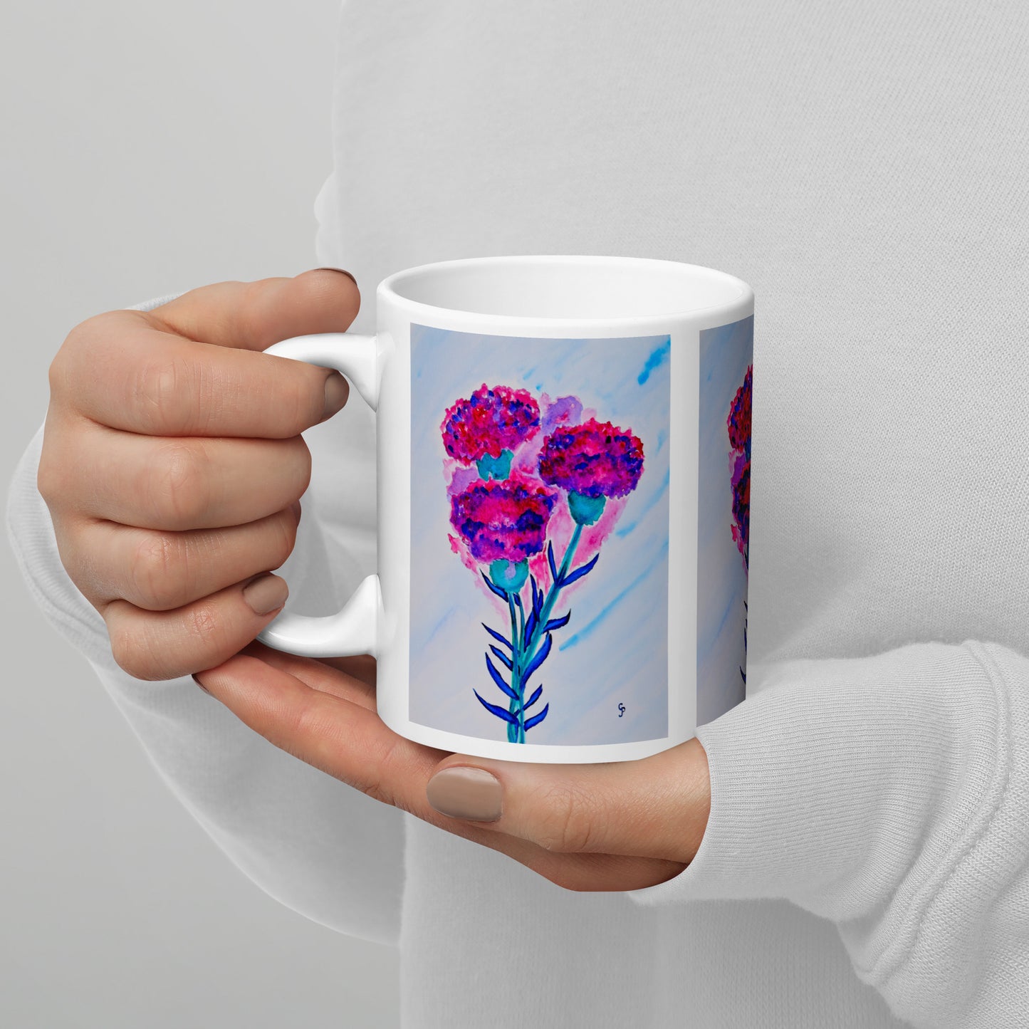 Ceramic mug featuring original artwork, perfect for coffee, tea, or hot cocoa—microwave and dishwasher safe, ideal for daily use, gifting, or adding artistic charm to your kitchen.