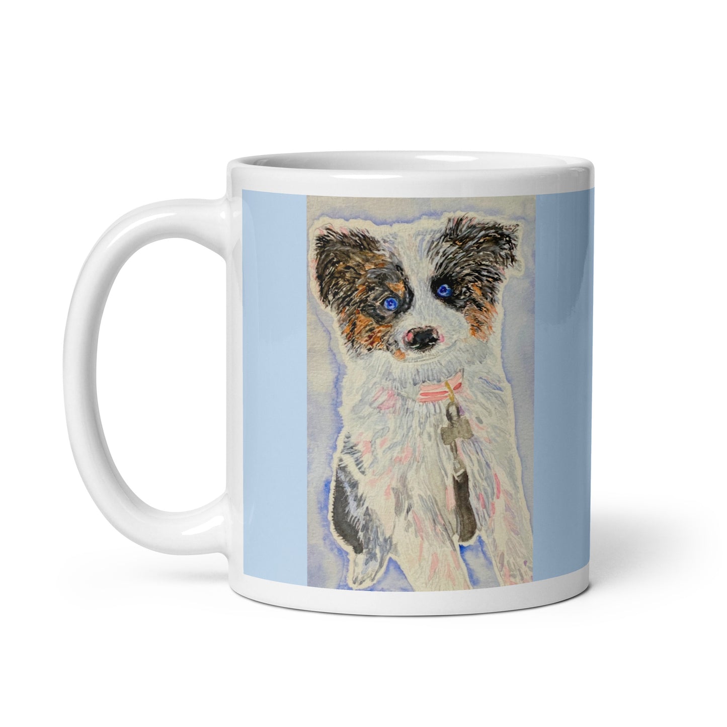 Mug with a painting of a dog on a light blue background