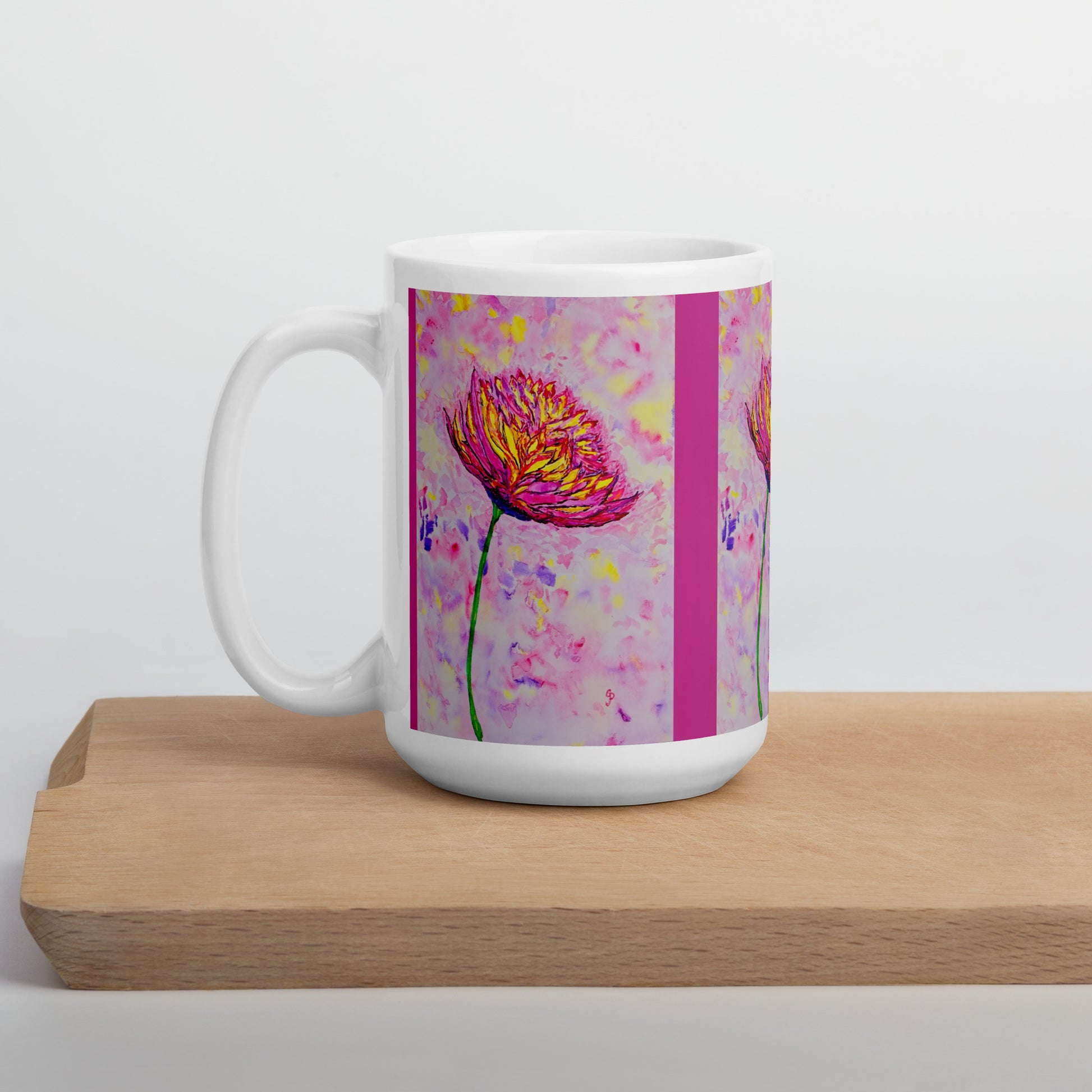 Ceramic mug featuring original artwork, perfect for coffee, tea, or hot cocoa—microwave and dishwasher safe, ideal for daily use, gifting, or adding artistic charm to your kitchen.