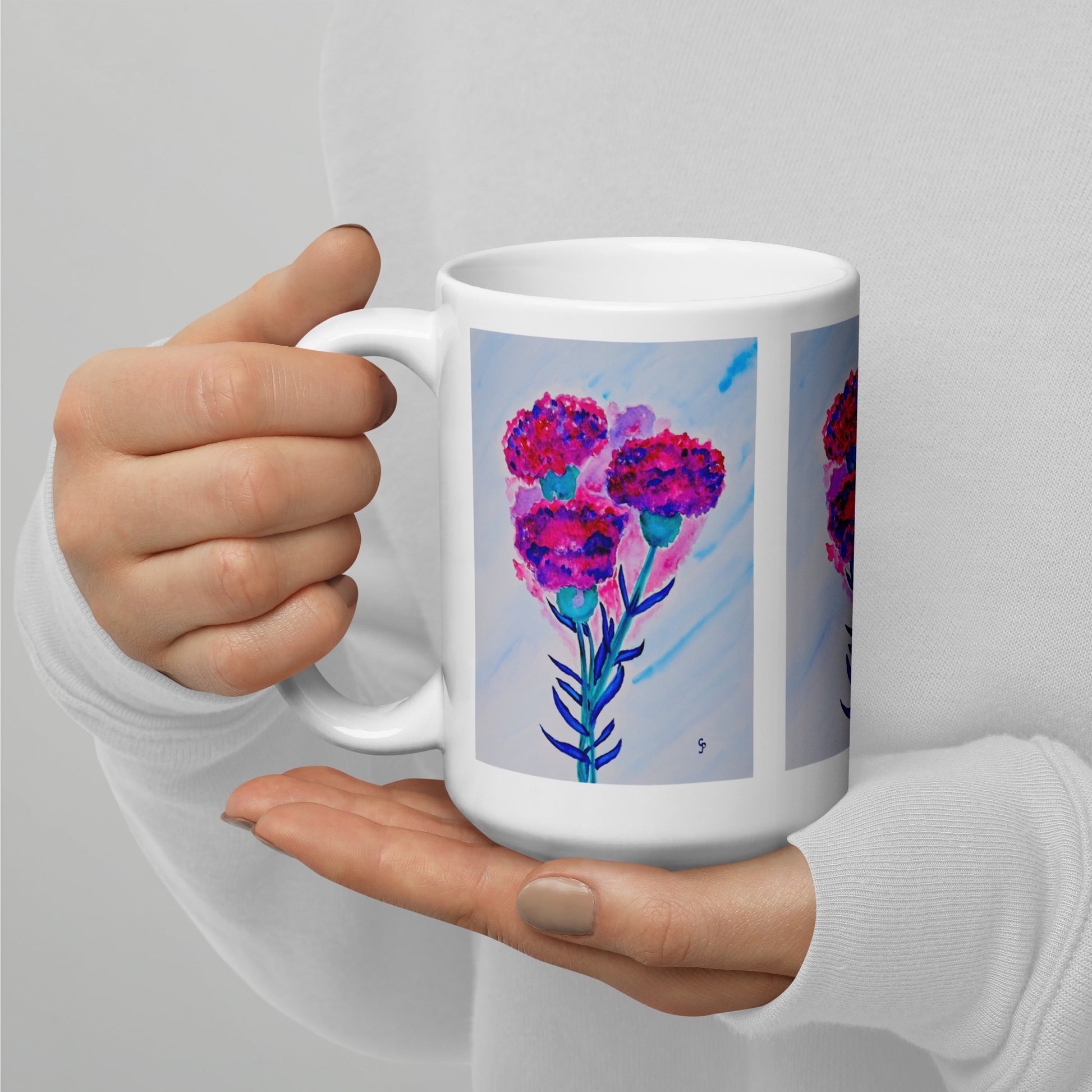Ceramic mug featuring original artwork, perfect for coffee, tea, or hot cocoa—microwave and dishwasher safe, ideal for daily use, gifting, or adding artistic charm to your kitchen.