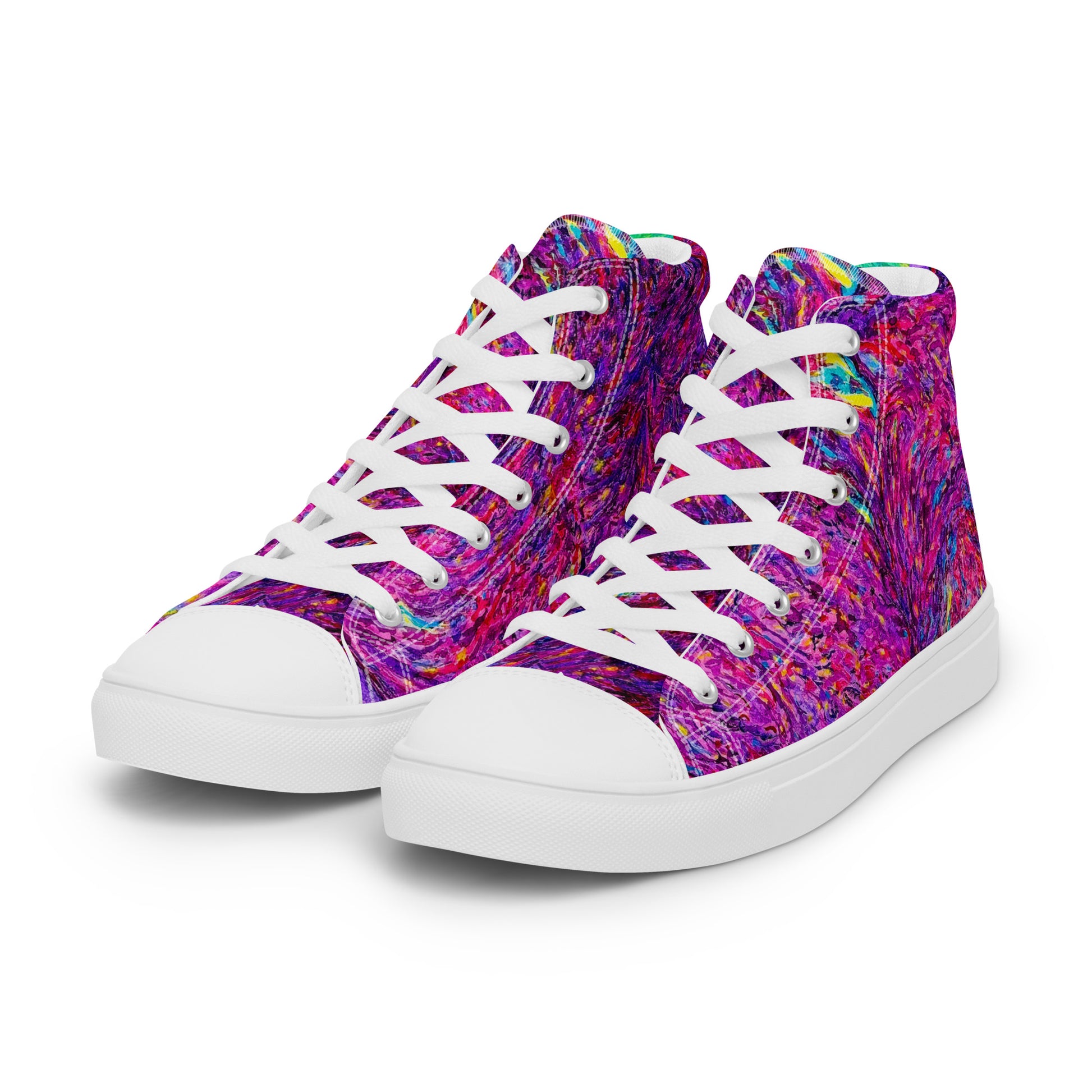 Colorful abstract high-top sneakers on a white background