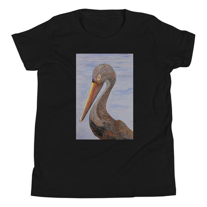 Black t-shirt with a pelican design on a white background