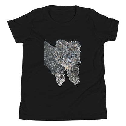 Black t-shirt with a white dog illustration